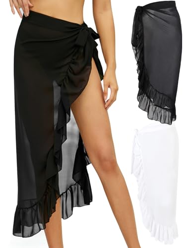 Chiffon Sarong Wraps for Women - 2 PCS Beach Cover Up - Black & White