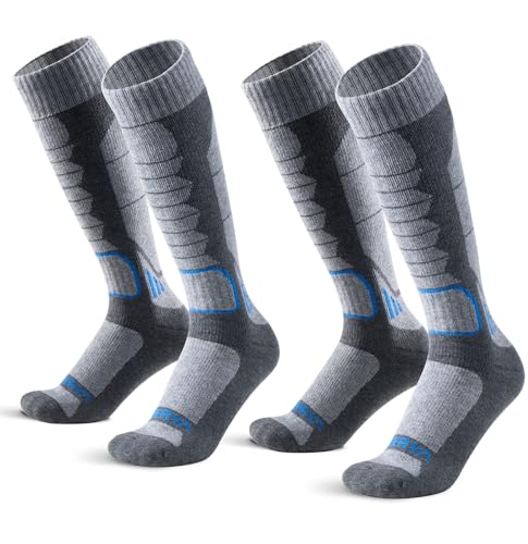 Large Grey Merino Wool Ski Socks for Men Women & Youth - Over-the-Calf Thermal Snowboard Socks