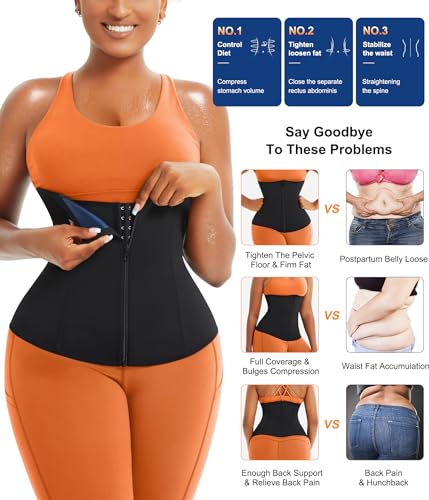 Waist Trainer for Women - Black-Blue Inner, Large Size, Tummy Control & Back Support