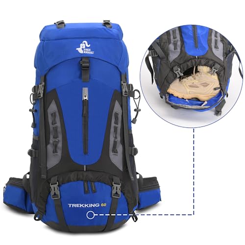 Bseash 60L Waterproof Hiking Camping Backpack with Rain Cover - Light Blue