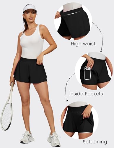 FireSwan Women's 2-in-1 Butterfly Flow Athletic Running Shorts - Black, Medium
