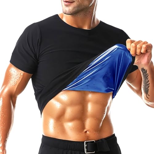 Everfion Sauna Shirt for Men Short Sleeve Compression Body Shaper Gym Top - Black-Blue, XL