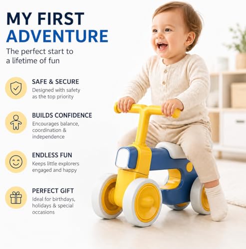 Henry & Colin Blue First Balance Bike for 12–36 Months, 4-Wheel Toddler Ride-On with Lights & Music