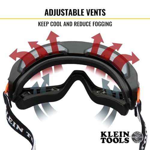 Klein Tools 60479 Safety Goggles, Clear Lens PPE Eye Protection, Anti-Fog, Scratch-Resistant, UV Protection, Adjustable Vents