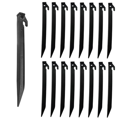 9-Inch Plastic Tent Stakes - Heavy Duty Black Camping Pegs, 16 Pack