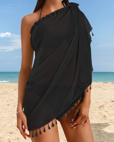 Women’s Black Beach Sarong Wrap with Tassels - Swimsuit Cover Up