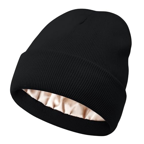 Satin Lined Beanie for Women - Frizz-Free Knit Winter Hat - Black