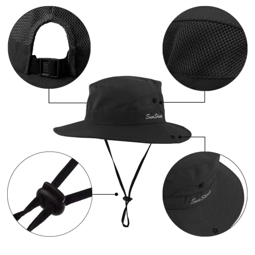Women's Foldable Beach Bucket Hat with Ponytail Hole - Medium Black