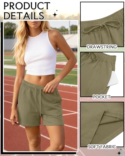JoyMotion Women's Drawstring Sweat Shorts 3 Pack - Black, Mocha, Matcha Green, Medium