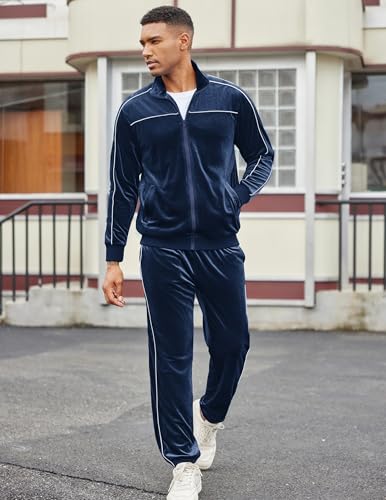 COOFANDY Men's Velour Tracksuit Set - Navy Large Zip Up Sweat Outfit