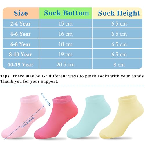 Low Cut Ankle Socks for Girls - 12 Pairs, 4-6 Years - Pink, Light Rose Red, Cream Yellow, Sky Blue