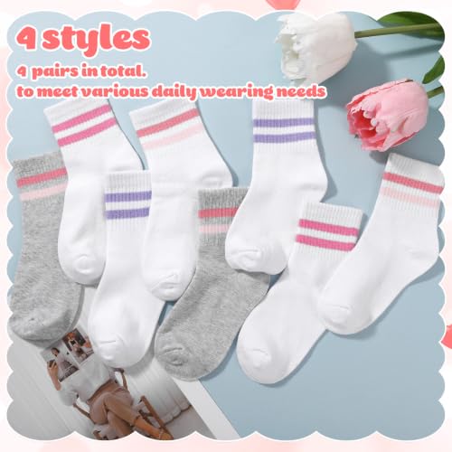 Girls' Hearts Striped Cotton Socks - 4 Pairs, Pink/Red/Purple, 6-9 Years