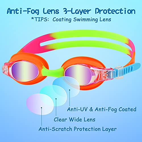 Kids Swim Goggles - 2 Pack No-Leak Swimming Goggles for Ages 3-15 - Orange Green & Blue