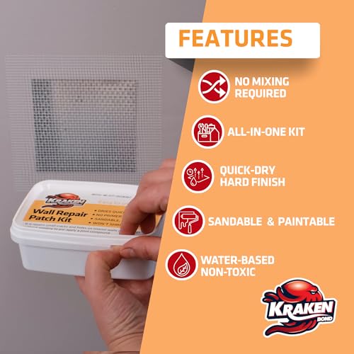 Kraken Bond Drywall Patch Repair Kit - (2x8 fl.oz.) Easy to Use Wall Patch Repair Kit for Drywall Hole & Cracks, Includes Aluminum Self-Adhesive Patch, Grit Sandpaper, Plastic Putty Knife, 2 Pack