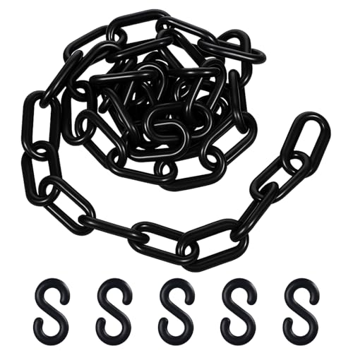 Black Plastic Chain Links, 3 Ft 6mm Plastic Chains with 5 S-Hooks, Linking Chains for Barriers, Crowd Control, Parking, Fences, Gates, Concerts, and Decoration