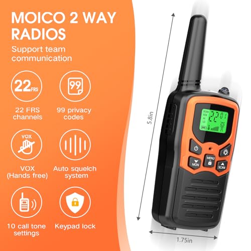 Long Range Walkie Talkies for Adults - 22 Channels, LED Flashlight & VOX Function (2 Pack, Orange)