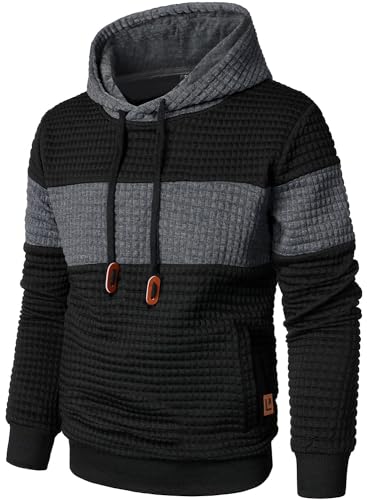Qichic Men’s Patchwork Plaid Jacquard Hoodie XS-XL Black Dark Grey
