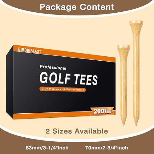 BIRDIEBLAST Natural Bamboo Golf Tees 3-1/4 Inch, 200 Pack, Reduces Friction & Side Spin