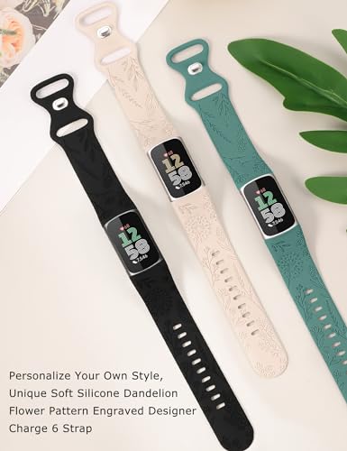 Minyee 3-Pack Floral Silicone Fitbit Charge 6/5 Band with Dandelion Pattern – Black, Starlight, Green