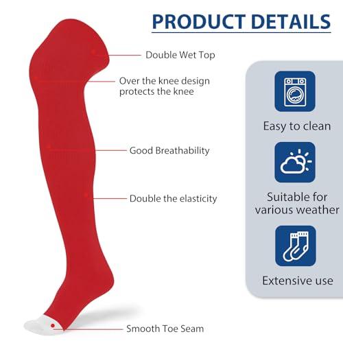 Over the Knee Baseball Socks - Extra Long Soccer Sock for Boys - Red, Medium