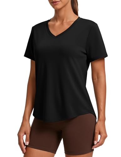 Moisture Wicking Short Sleeve V Neck Workout Top for Women - Black XX-Large