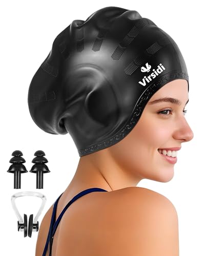 Silicone Swim Cap for Long Hair with Ear Protection - Black