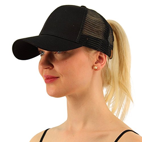 C.C Ponytail Messy Bun Trucker Hat | Plain Adjustable Visor Cap for Sun UV Protection