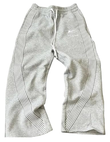 FCOOLYEET Men's Y2K Grey Baggy Sweatpants with Drawstring Waist, Open Bottom, Medium