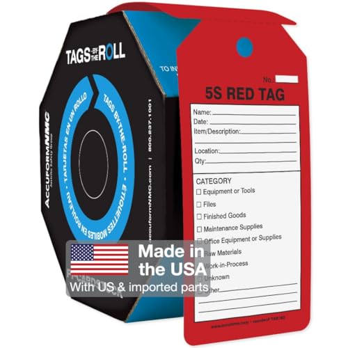 AccuformNMC 100 Tags by-The-Roll, 5S Red Tag, US Made OSHA Compliant Tags, Waterproof PF-Cardstock, Resists Tears, 6.25"x3", TAR162