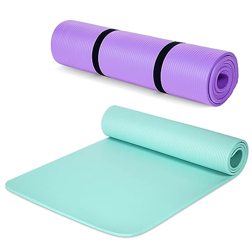 Woanger Yoga Mats Set - 2 Thick Non-Slip Exercise Mats in Purple & Light Green