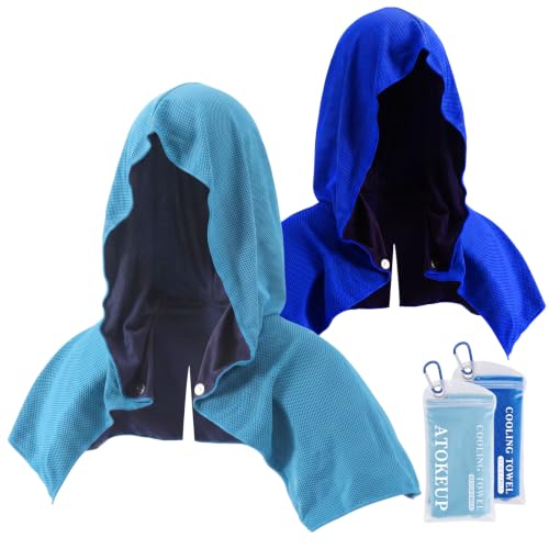 ATOKEUP Cooling Hoodie Towels for Neck & Face - Royal Blue & Light Blue, Instant Cooling, UV Protection, Pack of 2