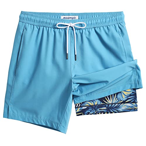 Maamgic Men's Swim Trunks with Compression Liner 7" Quick-Dry Board Shorts Blue Leaf XL