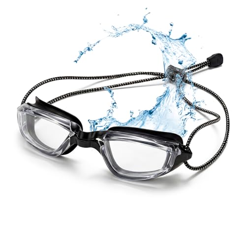 Swim Goggles for Adults & Youth - No Leaking, Full Protection - Transparent Black/Clear