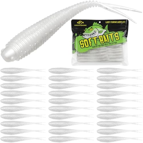Luckyfishing Pearl White 3.5in Soft Plastic Baits 30pcs Forked Tail for Bass Walleye