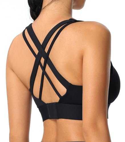 BYAWAY High Impact Sports Bra for Women - Criss-Cross Back, Molded Cups, Medium Black