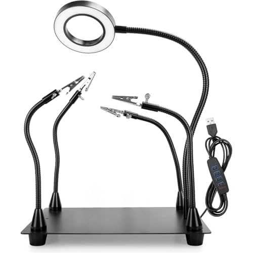 Helping Hands Soldering, PCB Holder Soldering Station Third Hand Tool with 5X Magnifying Glass with Light, 4 Arms Helping Hands Non-Slip Steel Weighted Base for Welding