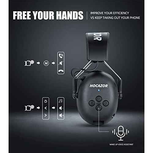 HZ07 Upgrade Bluetooth 5.3 Hearing Protection - NRR 25dB Noise Cancelling Earmuffs 40 Hours+ Playing Time with 1500mAh Rechargeable Battery for Mowing, Workshops, Black