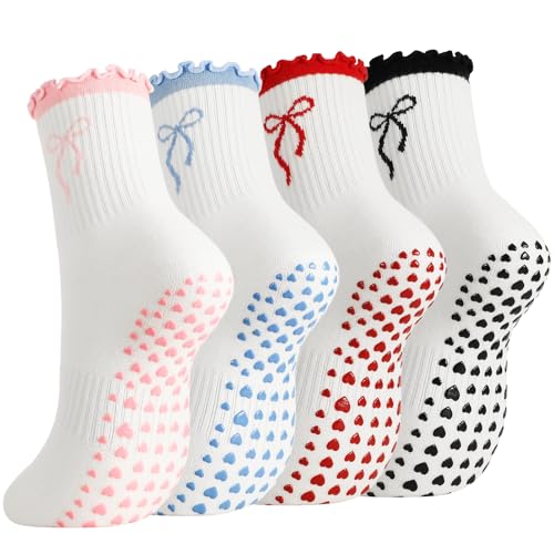Pilates Grip Socks for Women - Non-Slip, 4 Pairs in Pink, Blue, Black, Red