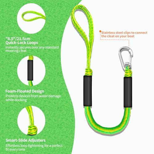 Green & Yellow 2FT Bungee Dock Lines for Boats, Kayaks & Jet Skis - Shock Absorbing Marine Tie Downs (2-Pack)