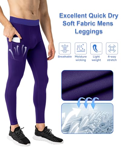 Men's Compression Pants - Cool Dry Leggings with Phone Pocket - X-Large Purple