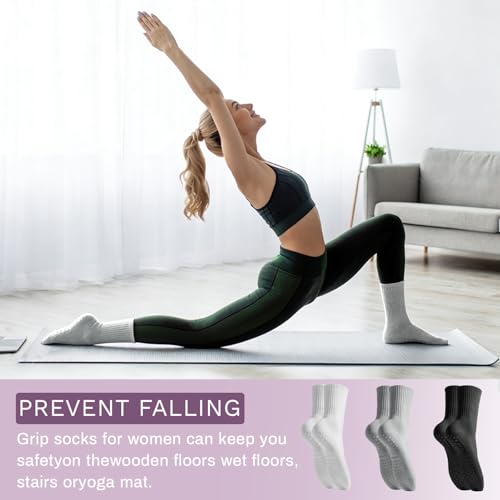 Non-Slip Pilates Socks with Grips - 3 Pairs for Yoga & Barre - Black/White/Gray