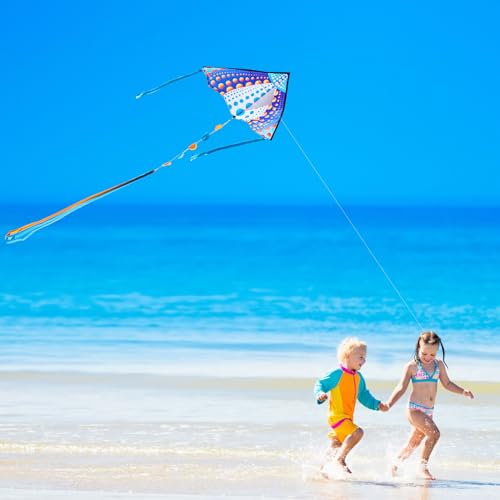 Honbo Large Delta Kite for Kids & Adults - Dots Pattern, Easy to Fly Beach Kite, Colorful Tail, Beginner Friendly, 53.5x30.3in