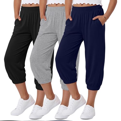 3 Pcs Girls' Capris Sweatpants - Black, Light Heather Gray, Navy Blue