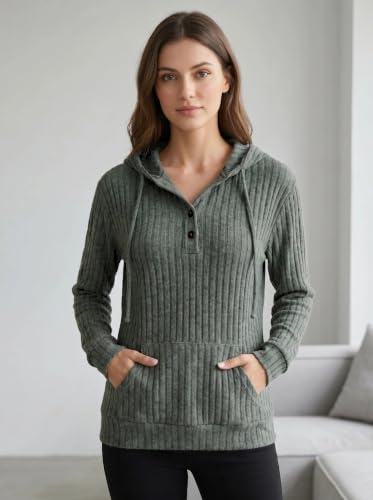 Oversized Women's Fall Hoodie Sweater with Pocket - Large Green