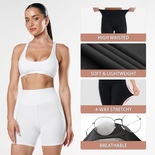 High Waisted Biker Shorts for Women - 5"/8" Tummy Control, Large-X-Large, White