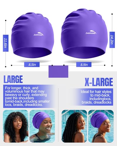 Zoomsnail Purple X-Large Silicone Swim Cap for Long Hair, Waterproof & Leak-Proof