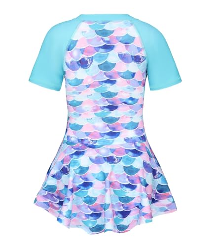 Qterdiz Girls 7-8 Cyan Mermaid Short Sleeve Swim Dress One-Piece Bathing Suit 3-16 Years