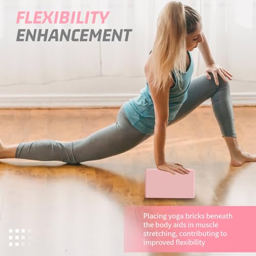 Yoga Blocks 2 Pack - Foam, Non-Slip with Stretch Band - Pink