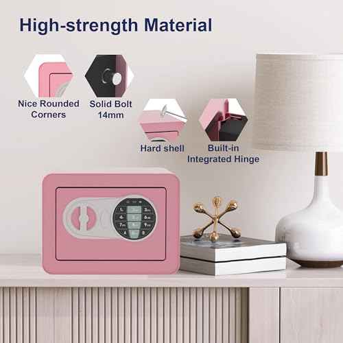 Small Safe Box - Home Safe for Money Jewelry Documents, Solid Lock Box, Mini Security Box with Digital Electronic Security Keypad for Home Office Hotel (Pink)