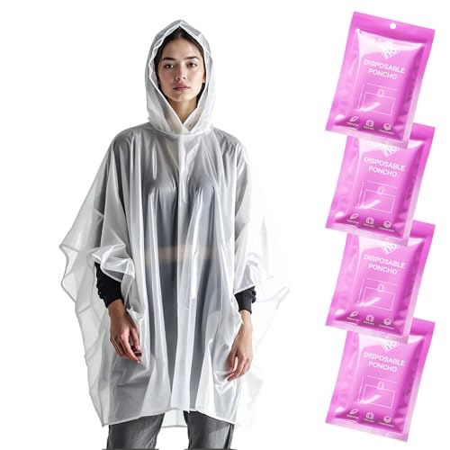 Disposable Rain Ponchos for Adults - Clear with Hood, Pink